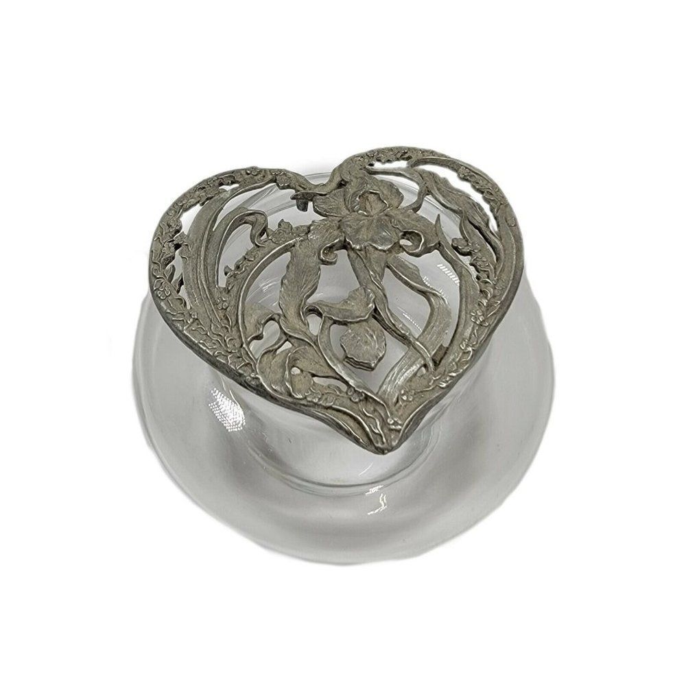 Vintage Rawcliffe Pewter Potpourri Bowl + Jar Lid 1989 Iris Flower Hearts Gems